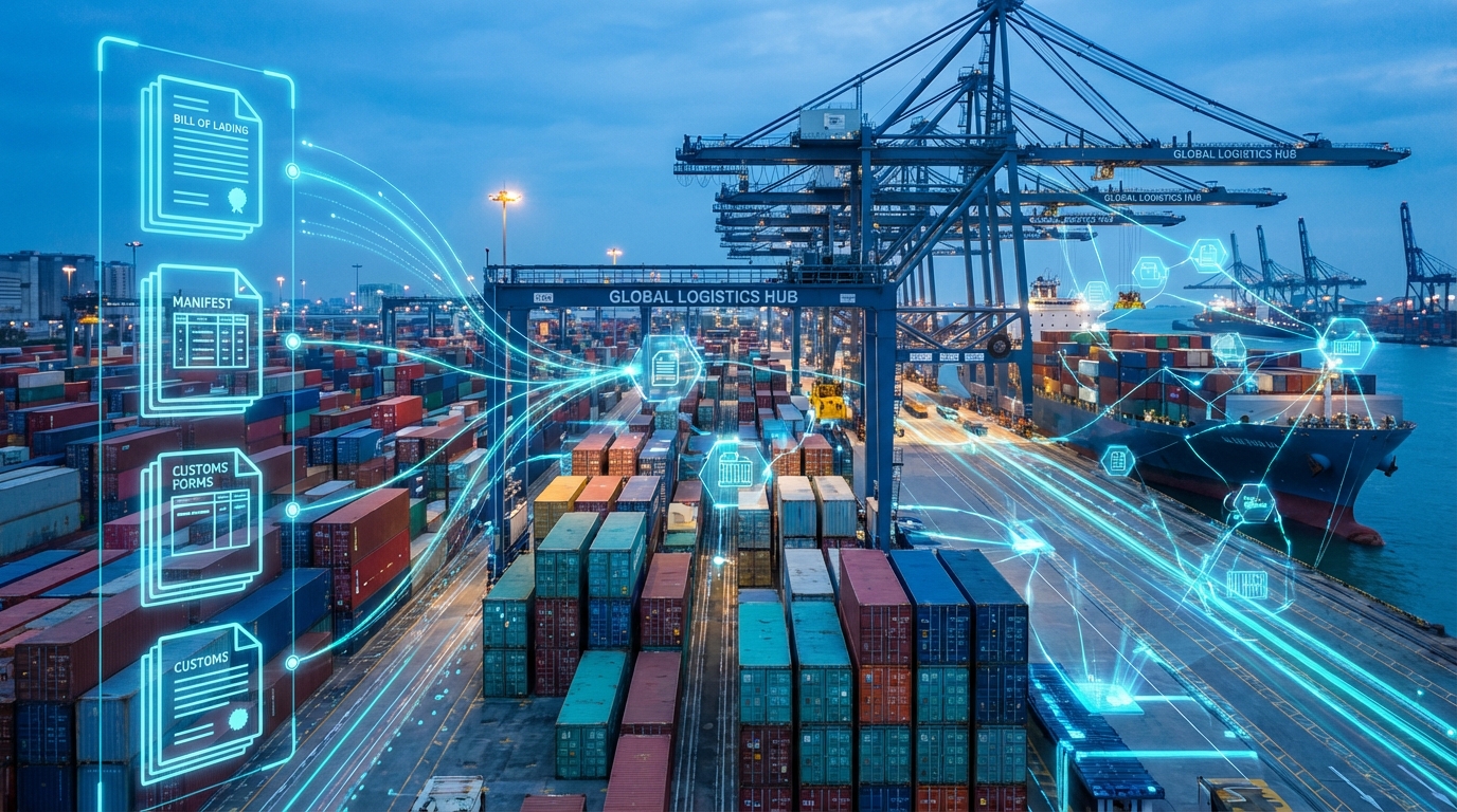 International shipping containers with digital document overlay